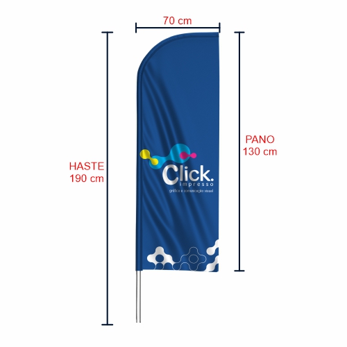 Wind Banner 70cm x 190cm total, tecido medindo 70cmx130cm, com uma lâmina de tecido no meio para que nao apareça o outro lado, e base em concreto